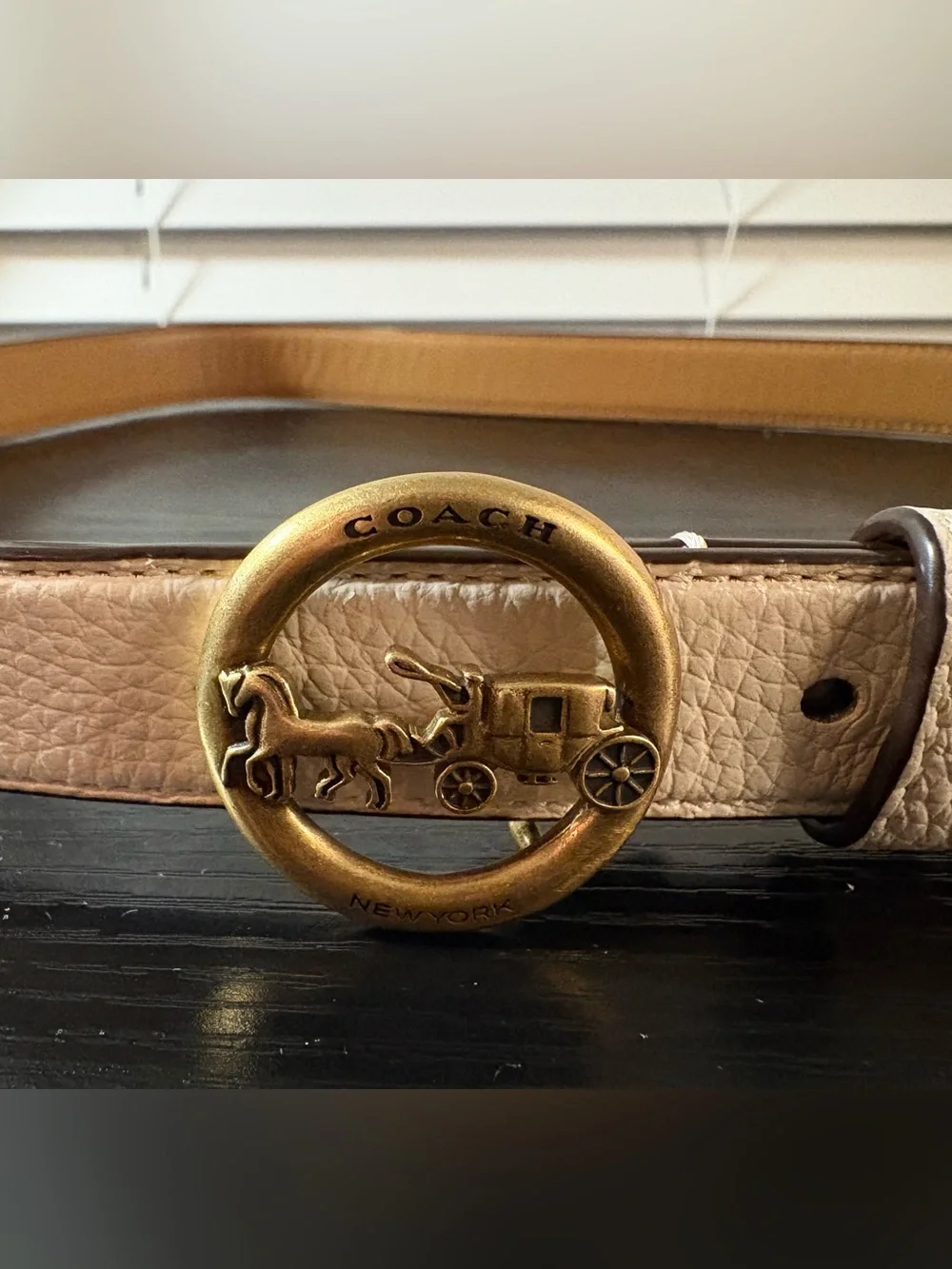 COACH Chalk White Pebble Leather Horse and Carriage Plaque Buckle Belt L F78181